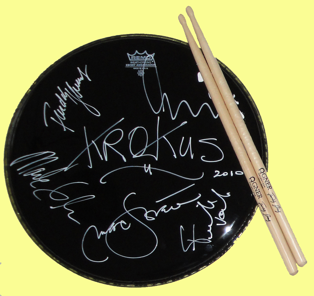 Krokus signed drumhead with sticks